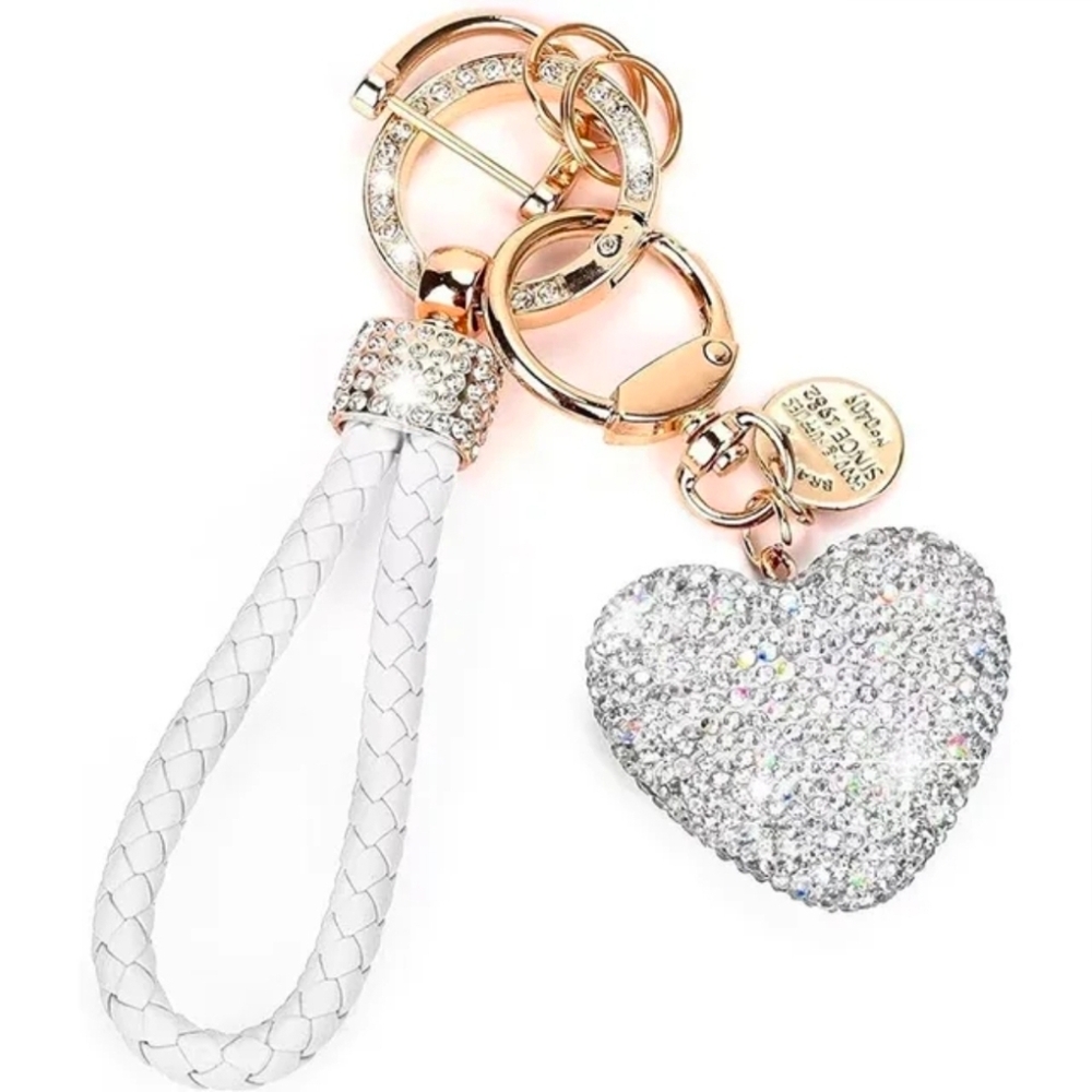 Elegant White and Silver Heart Bag Charm Keychain NWT